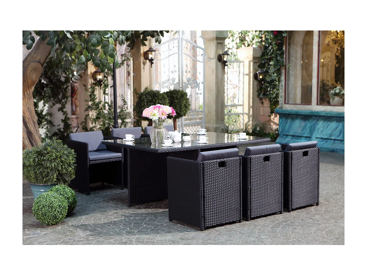 MIAMI - Salon de jardin 6 places noir-gris + housse de protection MIAMI