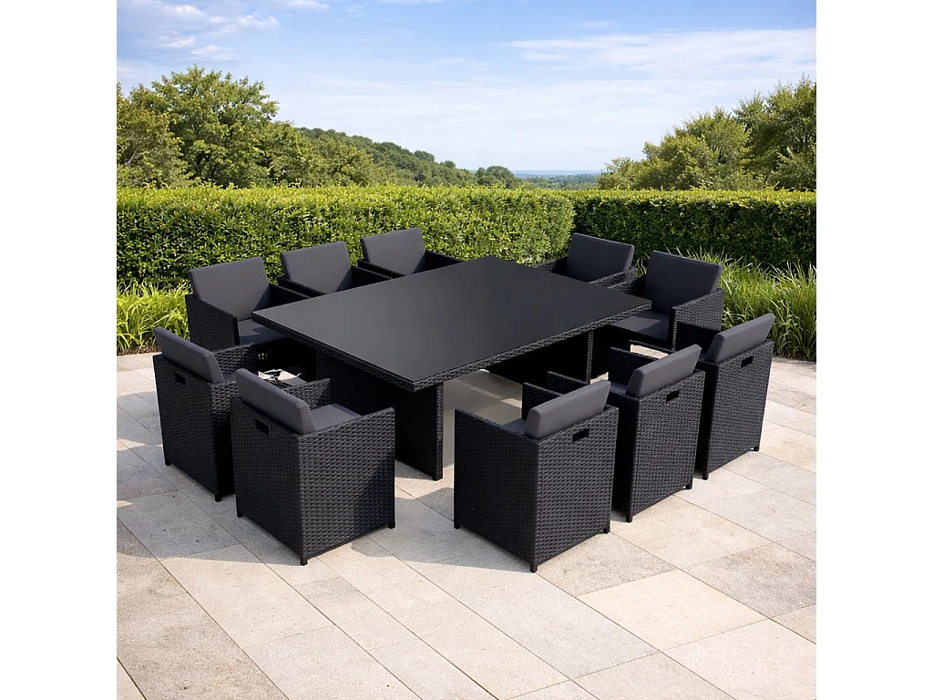 MIAMI - Salon de jardin 6 places noir-gris + housse de protection MIAMI