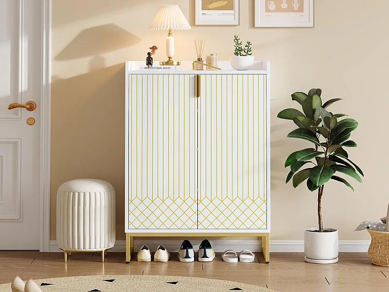 Moderner Schuhschrank 75x37x105 cm - Metallfüße - Aufbewahrungsmöbel - mit 2 Türen - weiß