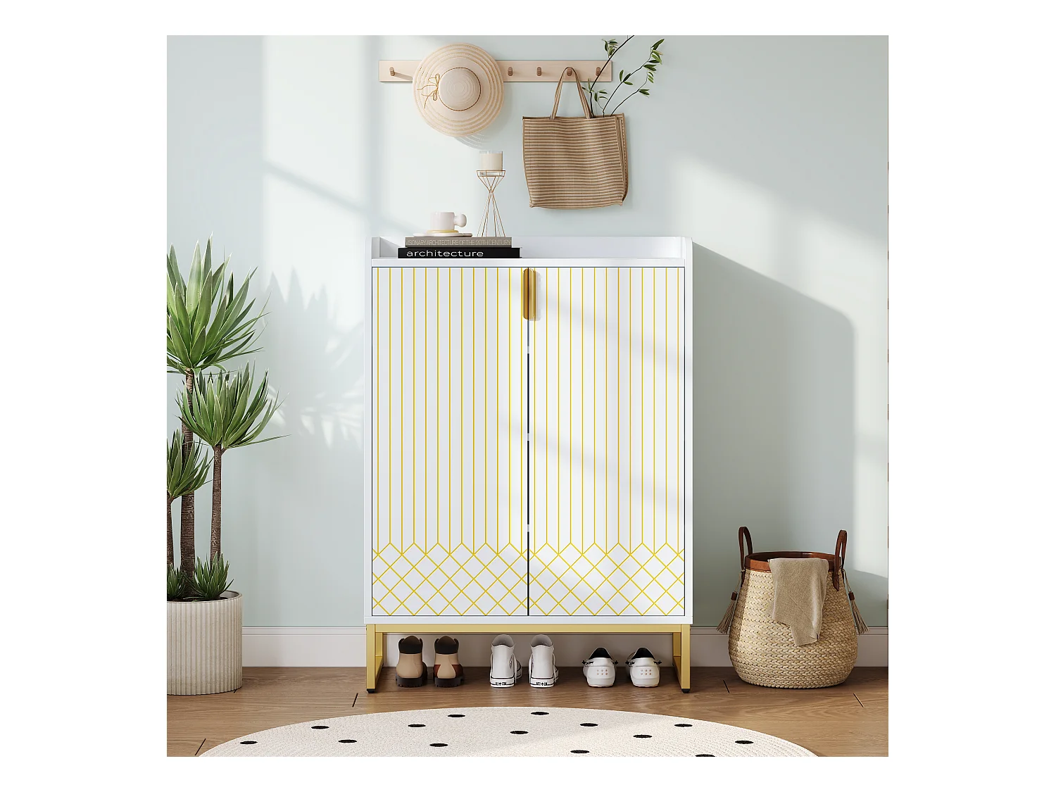 Móvel para sapatos moderno 75x37x105 cm - pés em metal - móvel de armazenamento - com 2 portas - branco