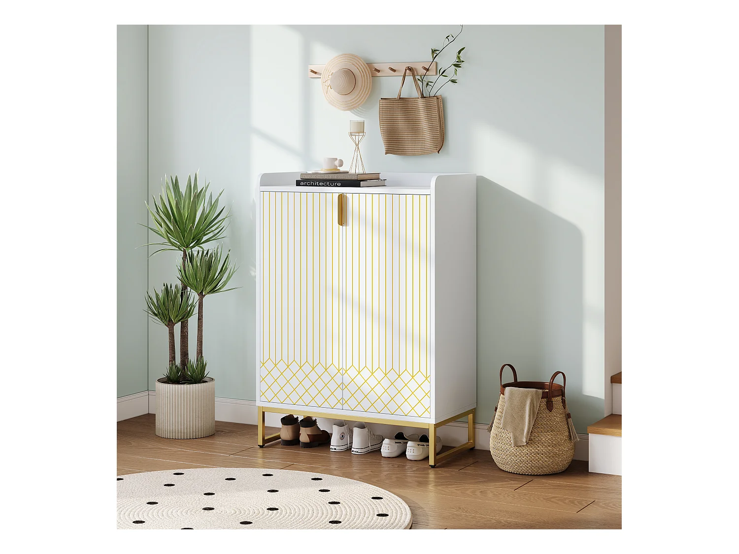 Móvel para sapatos moderno 75x37x105 cm - pés em metal - móvel de armazenamento - com 2 portas - branco