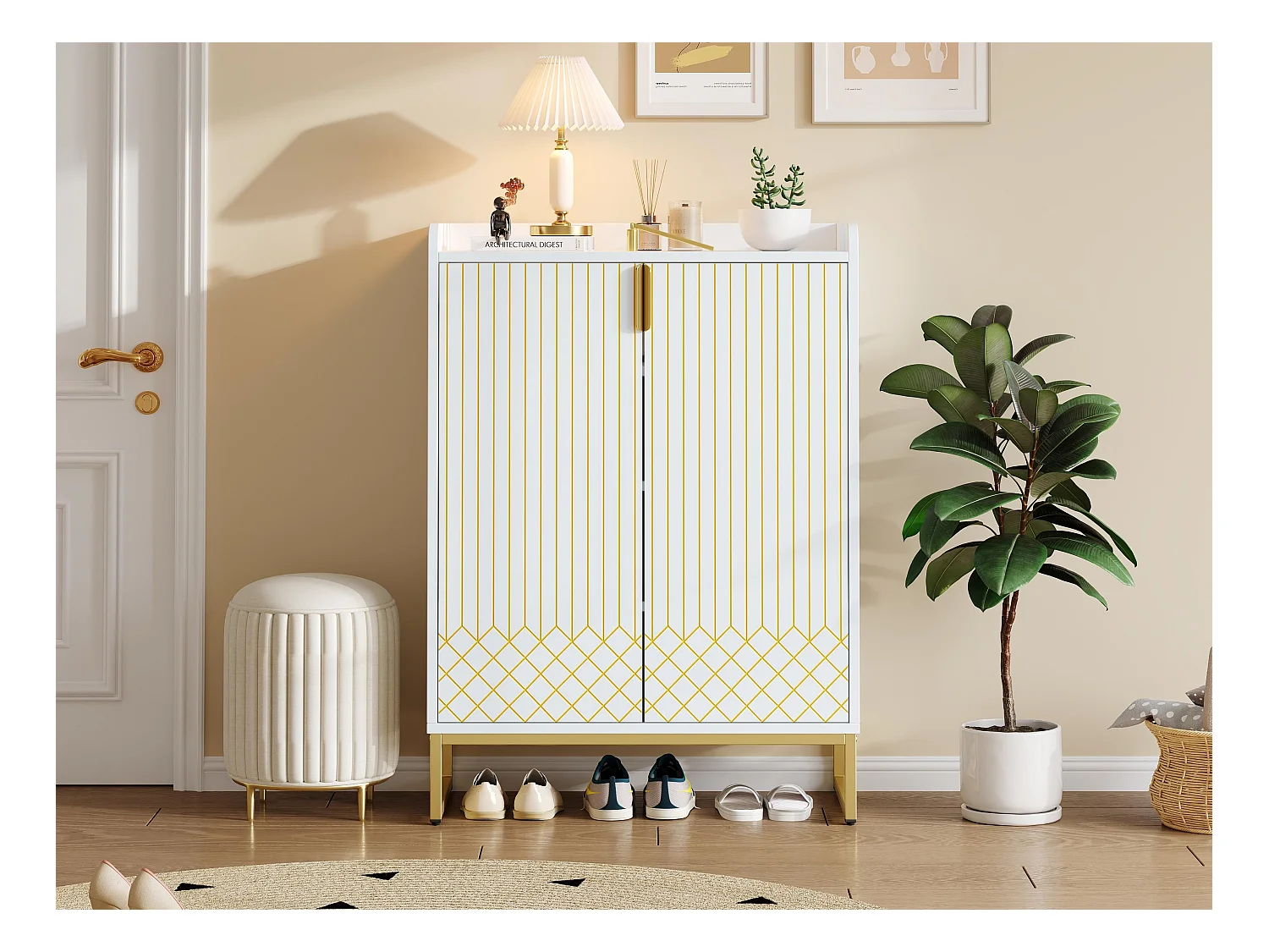 Meuble à chaussures moderne 75x37x105cm - pieds en métal - meuble de rangement - avec 2 portes - blanc