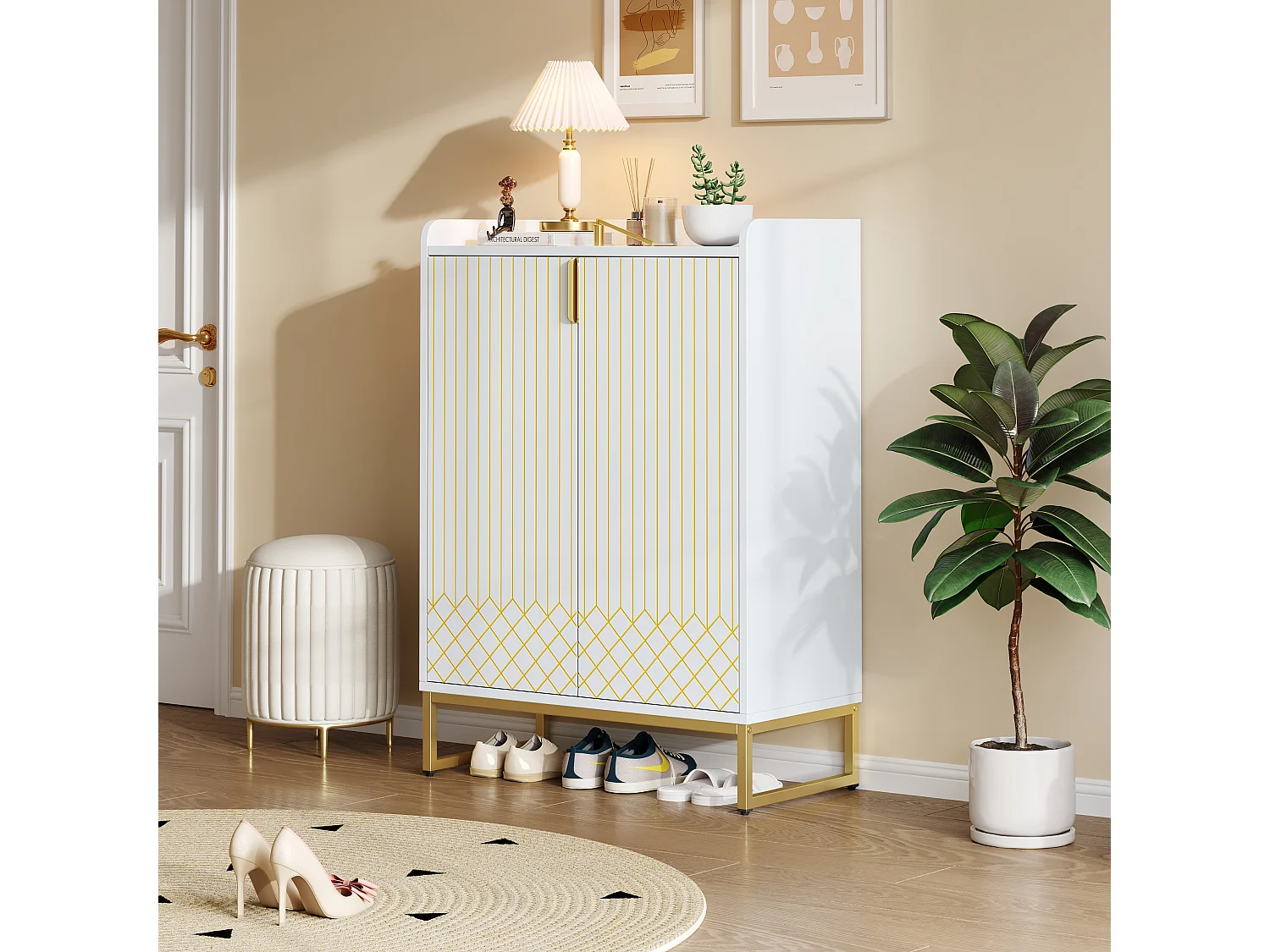 Meuble à chaussures moderne 75x37x105cm - pieds en métal - meuble de rangement - avec 2 portes - blanc