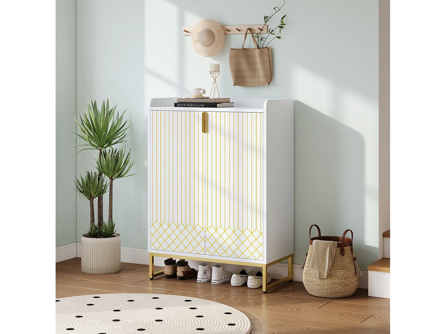 Meuble à chaussures moderne 75x37x105cm - pieds en métal - meuble de rangement - avec 2 portes - blanc