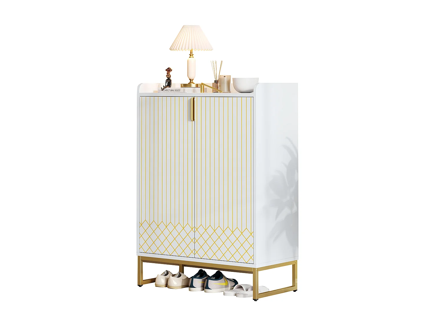 Meuble à chaussures moderne 75x37x105cm - pieds en métal - meuble de rangement - avec 2 portes - blanc