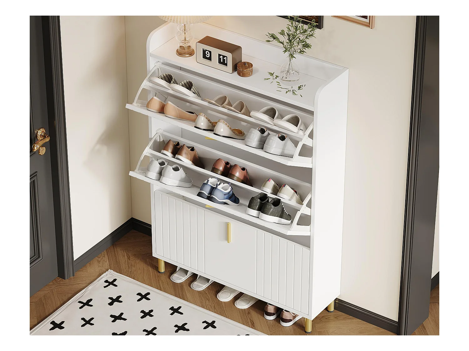 Móvel para sapatos 80x23,5x123,5 cm - com 3 portas basculantes - com 6 compartimentos ajustáveis - branco