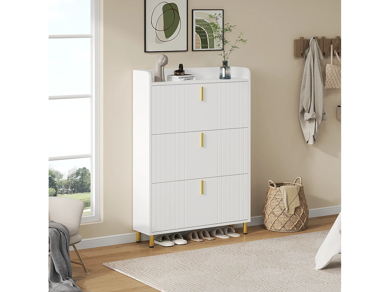 Schoenmeubel 80x23,5x123,5 cm - met 3 kleppen - met 6 verstelbare vakken - wit