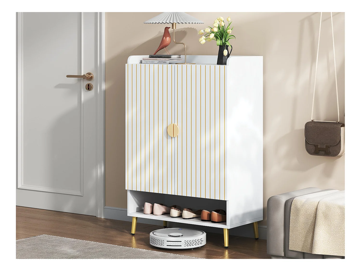 Mueble para zapatos 75 x 37 x 110 cm - Estantería para zapatos de 3 niveles - Cajón inferior abierto - Con 2 puertas - Blanco