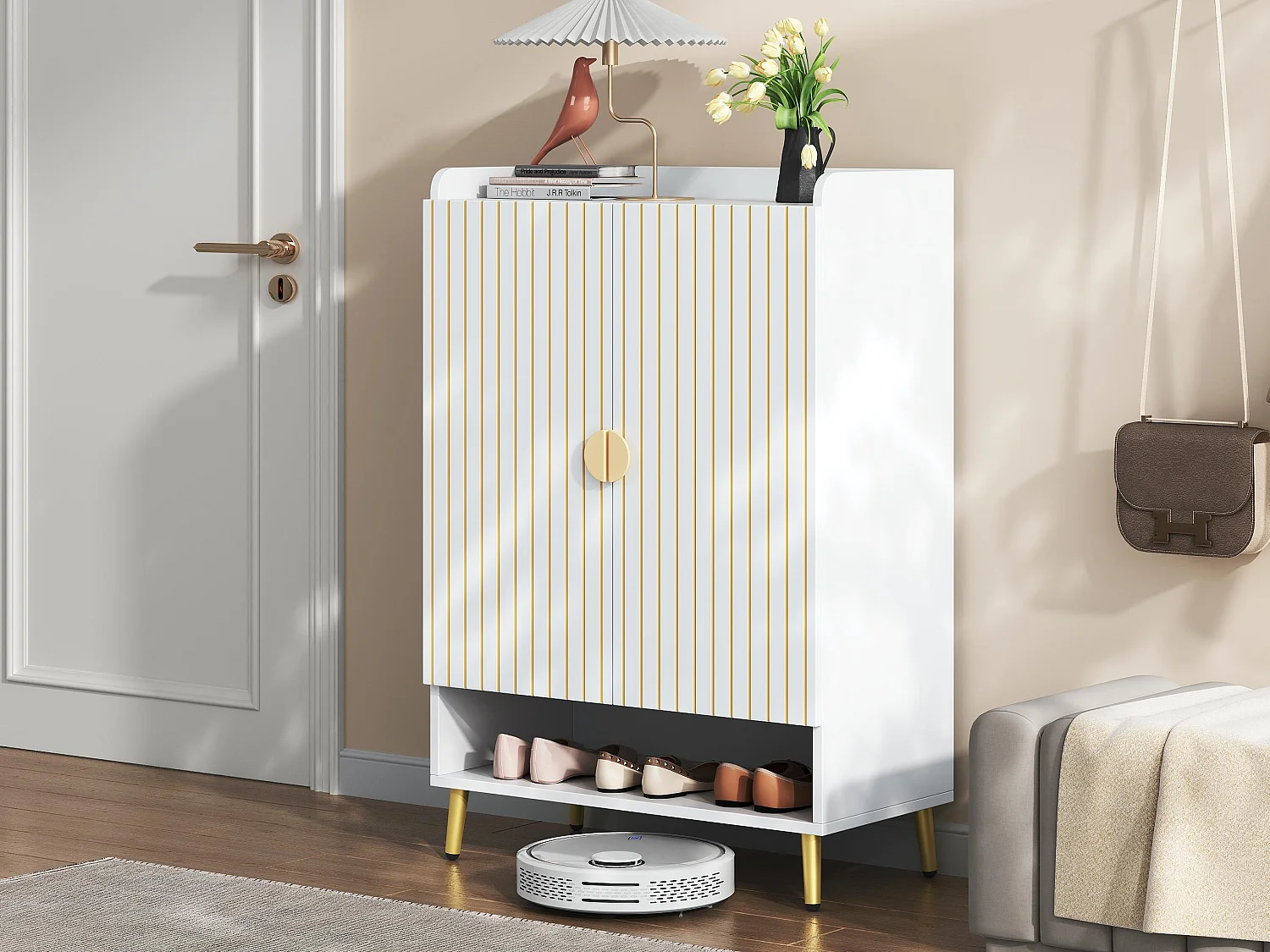 Meuble à chaussures 75 x 37 x 110 cm - Étagère à chaussures 3 niveaux - Tiroir inférieur ouvert - Avec 2 portes - Blanc