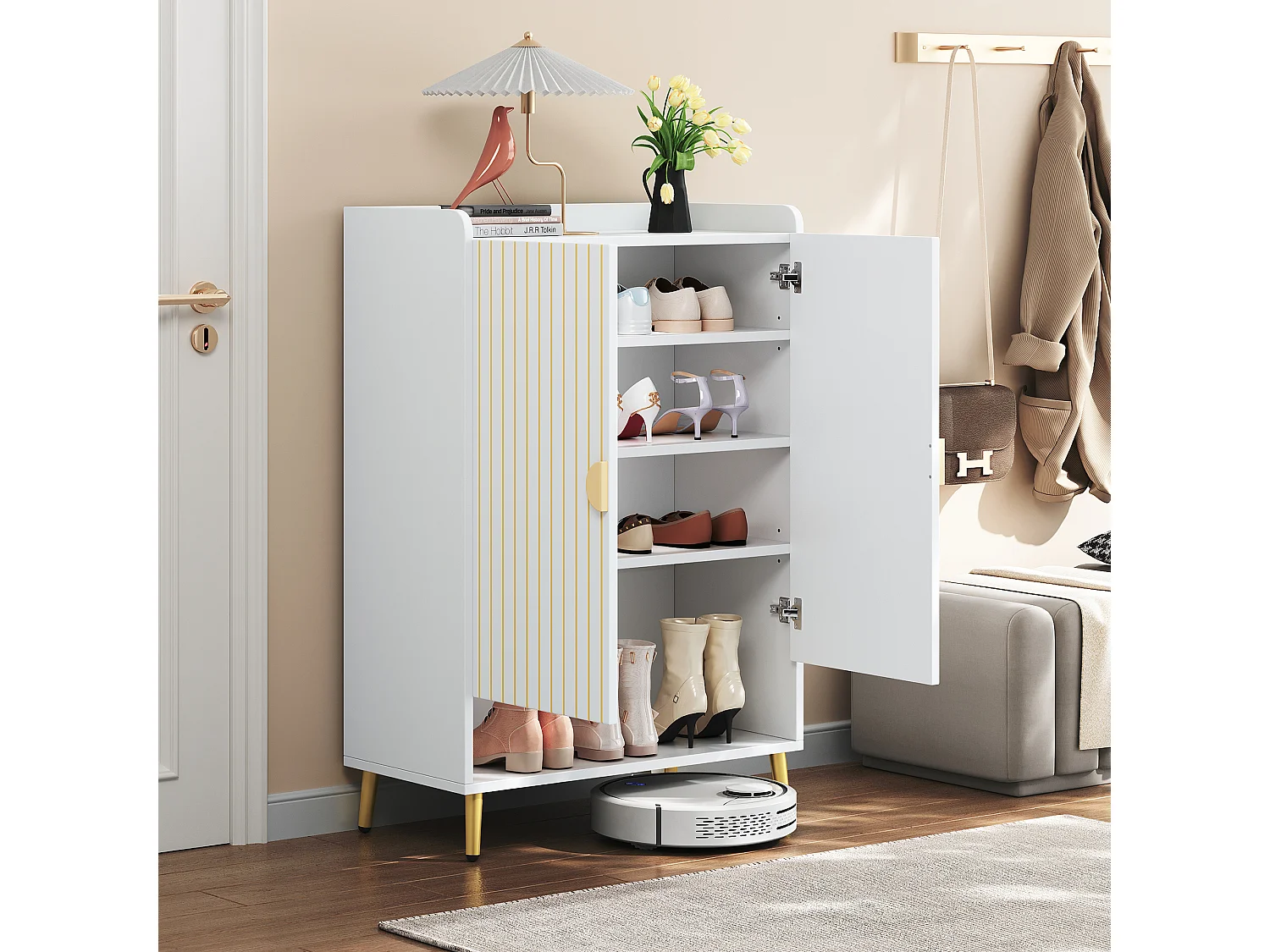 Meuble à chaussures 75 x 37 x 110 cm - Étagère à chaussures 3 niveaux - Tiroir inférieur ouvert - Avec 2 portes - Blanc