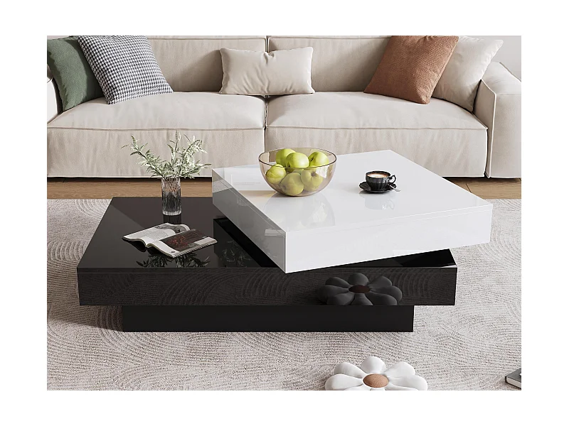 Moderner minimalistischer Glanztisch 103 x 60 x 35.5 cm - Drehplatte - Offenes Fach - Schwarz und Weiß