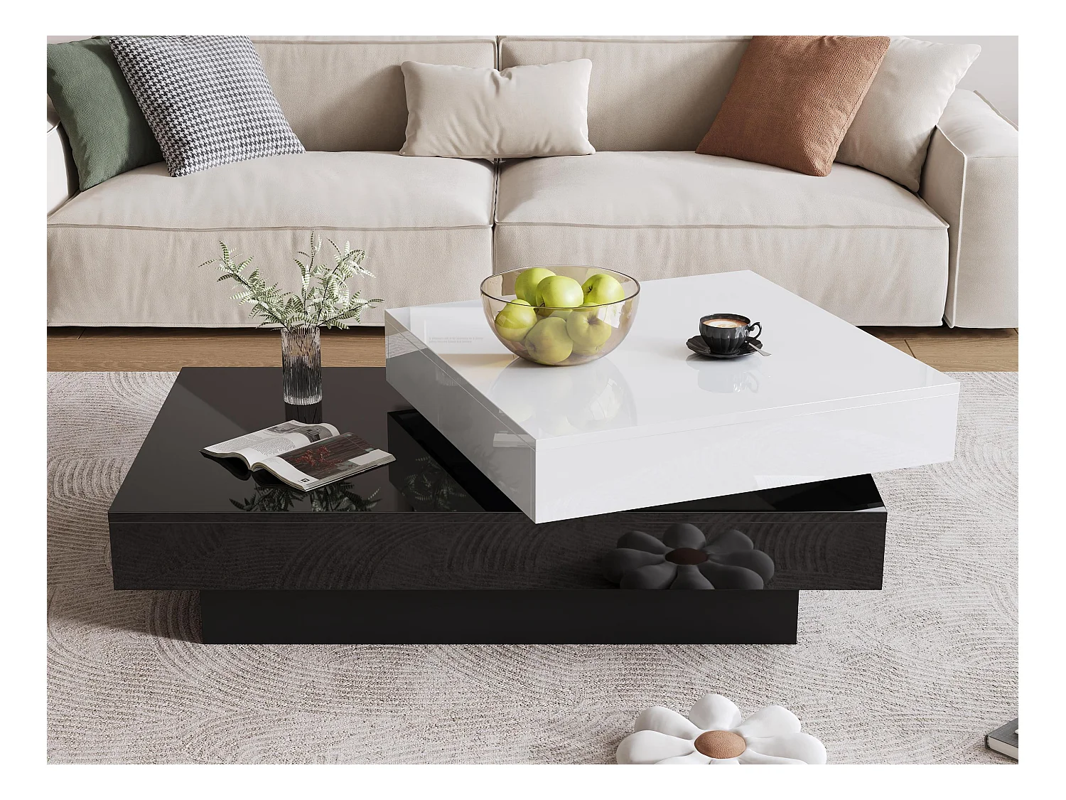 Table basse moderne minimaliste brillante 103 x 60 x 35.5 cm - Plateau rotatif - Rangement ouvert - Noir et blanc