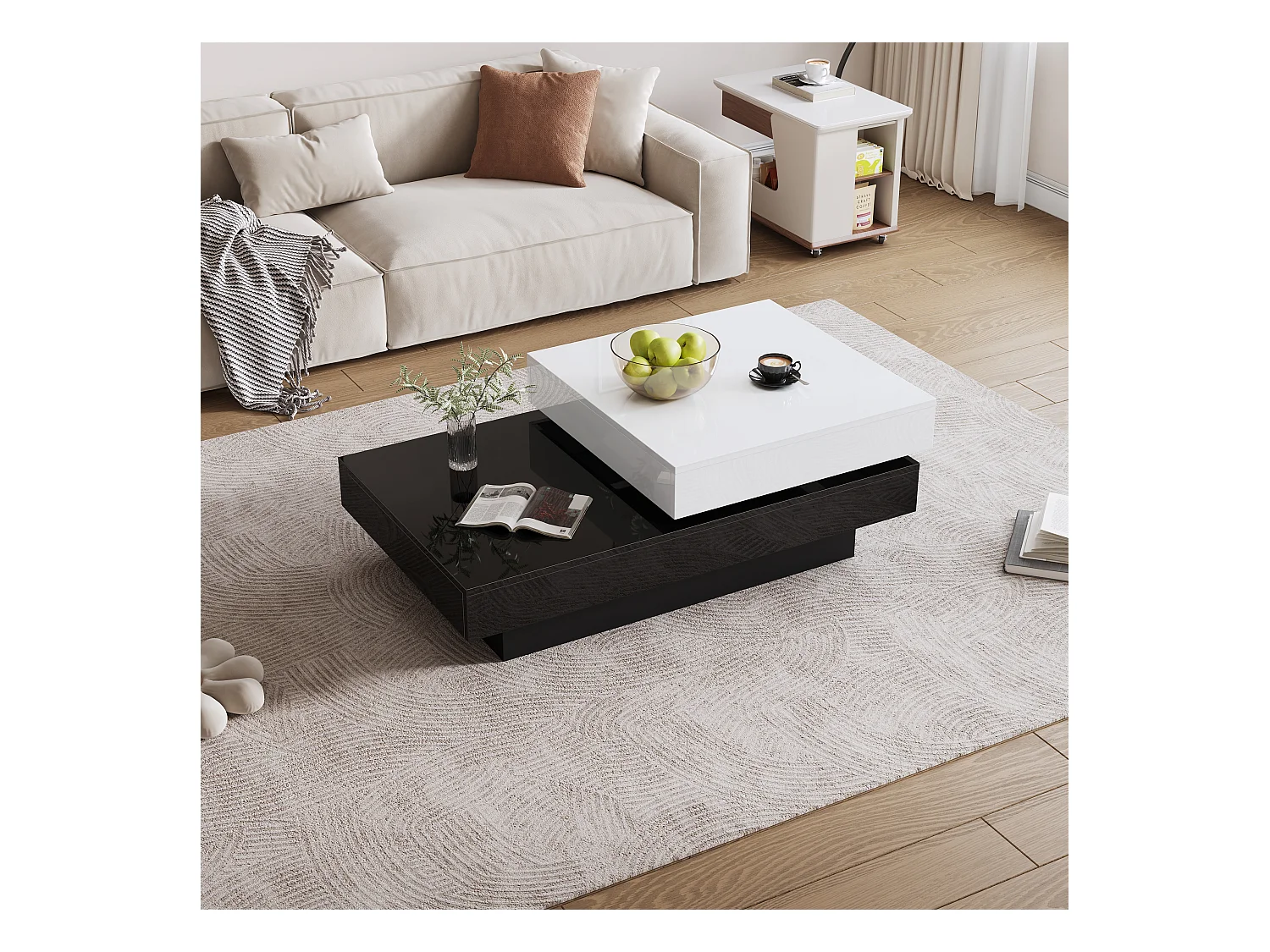 Table basse moderne minimaliste brillante 103 x 60 x 35.5 cm - Plateau rotatif - Rangement ouvert - Noir et blanc
