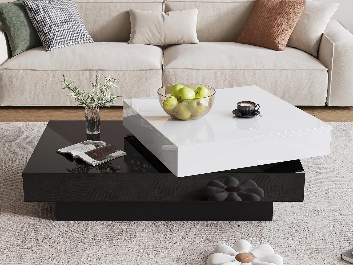 Moderner minimalistischer Glanztisch 103 x 60 x 35.5 cm - Drehplatte - Offenes Fach - Schwarz und Weiß