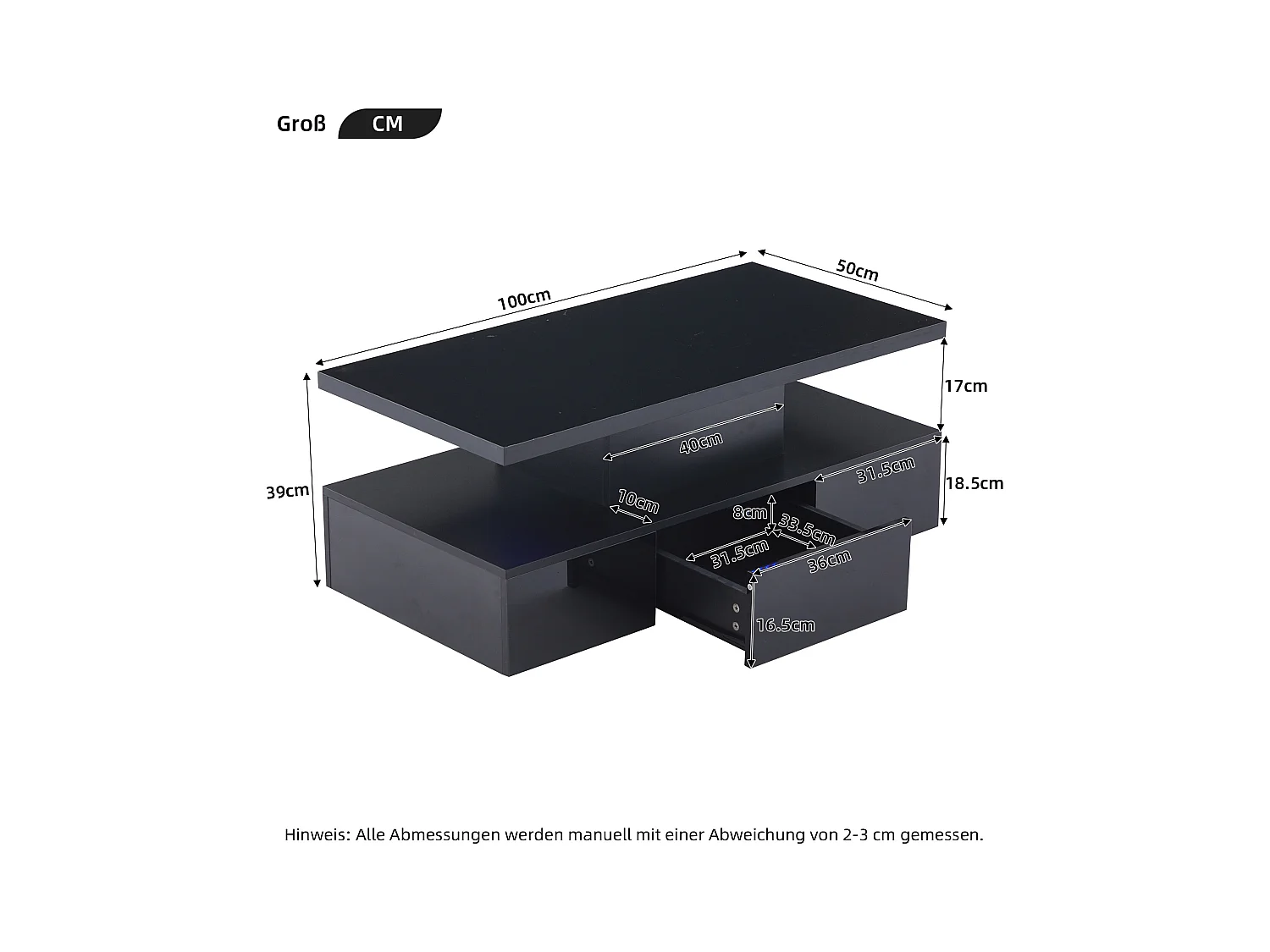 Table basse 100x50x39cm - avec éclairage LED - avec étagère ouverte - avec 1 tiroir coulissant - noir
