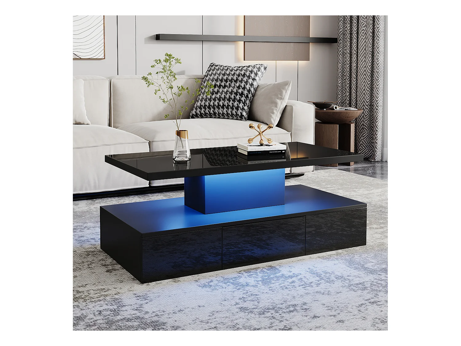Table basse 100x50x39cm - avec éclairage LED - avec étagère ouverte - avec 1 tiroir coulissant - noir