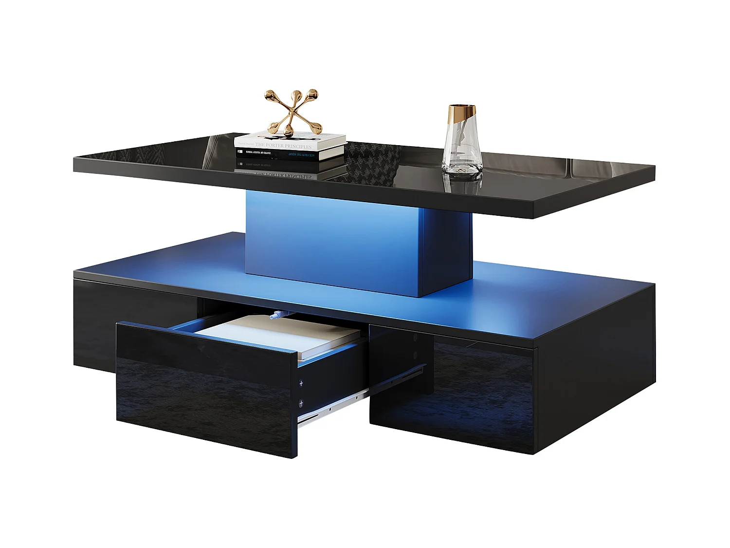 Table basse 100x50x39cm - avec éclairage LED - avec étagère ouverte - avec 1 tiroir coulissant - noir