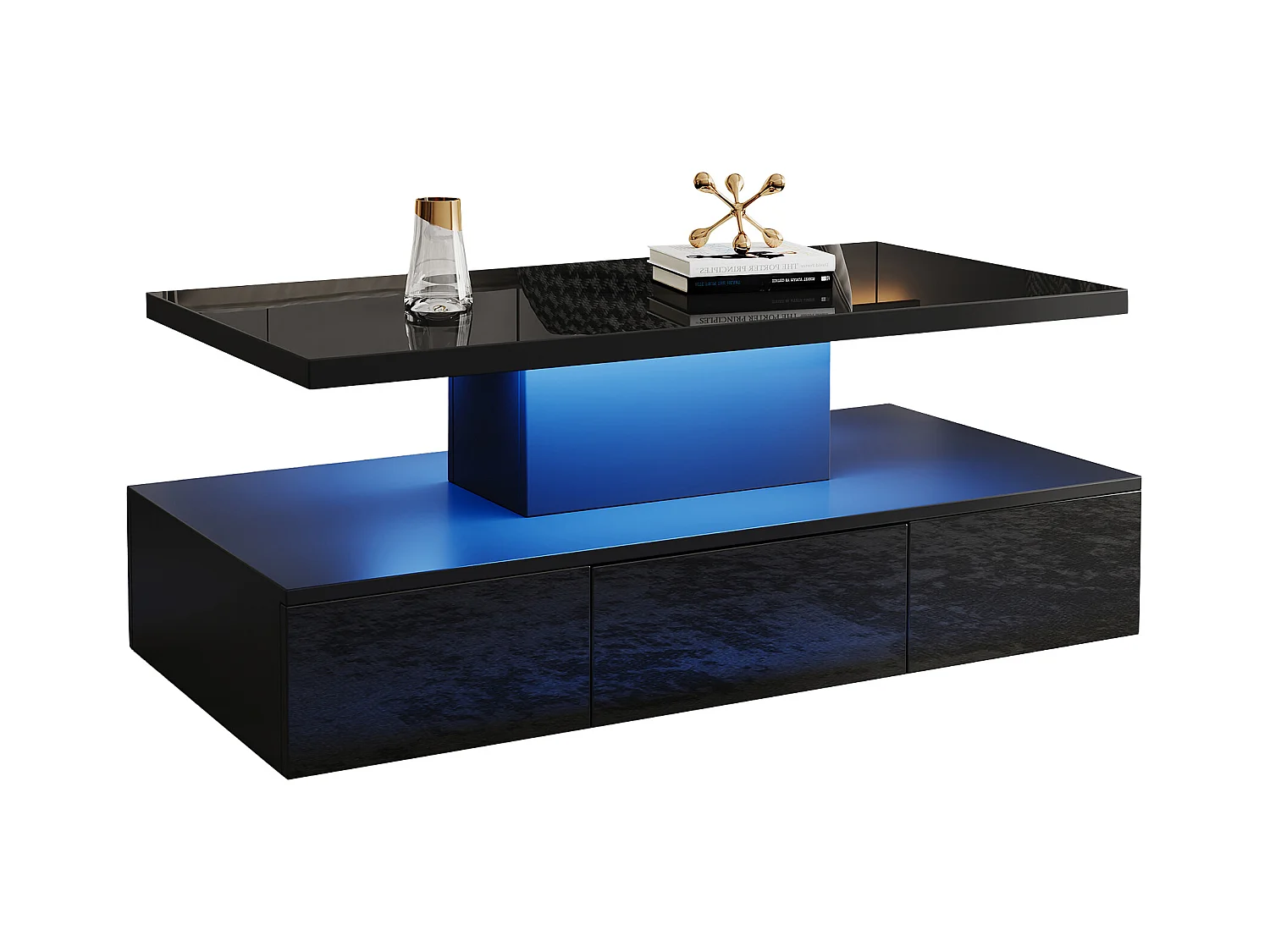 Table basse 100x50x39cm - avec éclairage LED - avec étagère ouverte - avec 1 tiroir coulissant - noir