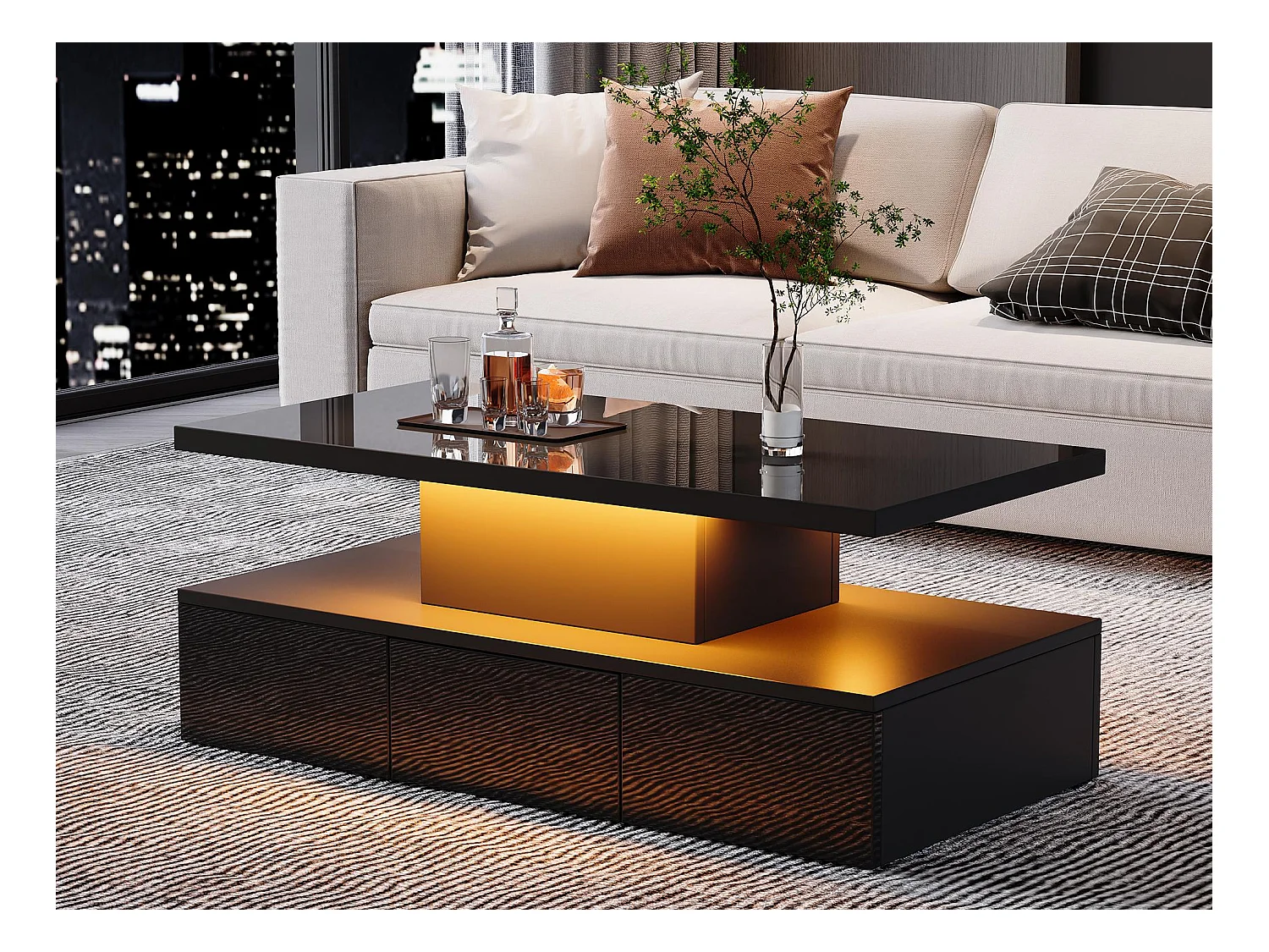 Salontafel 100x50x39 cm - met LED-verlichting - met open plank - met 1 uitschuifbare lade - zwart