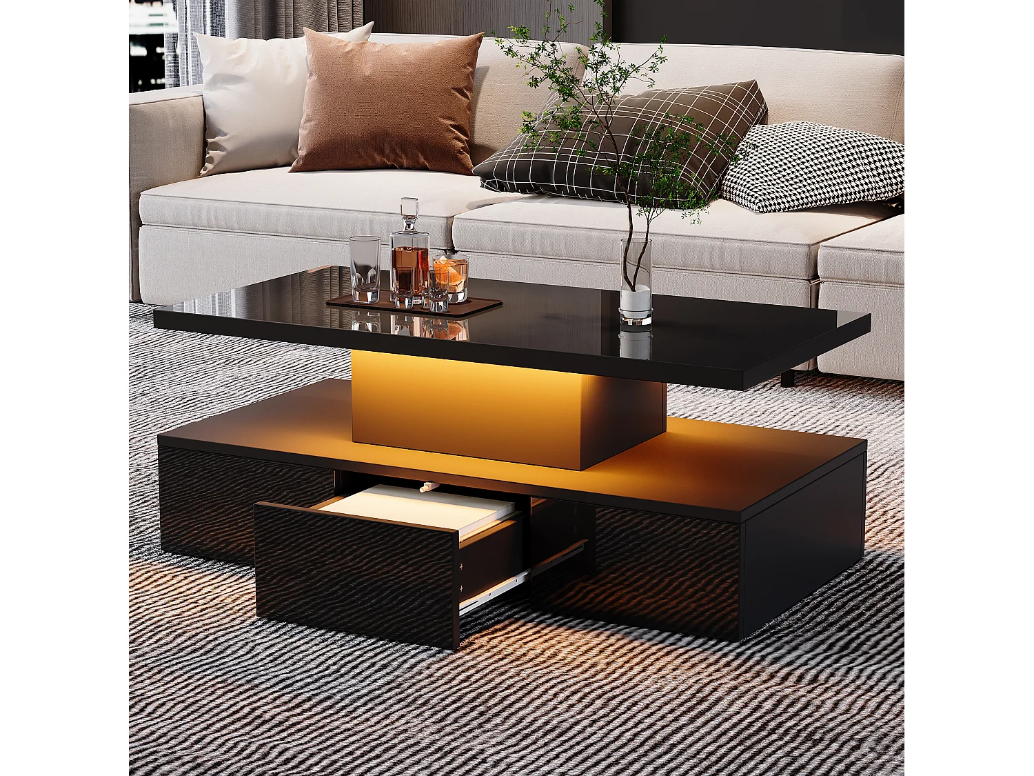 Table basse 100x50x39cm - avec éclairage LED - avec étagère ouverte - avec 1 tiroir coulissant - noir