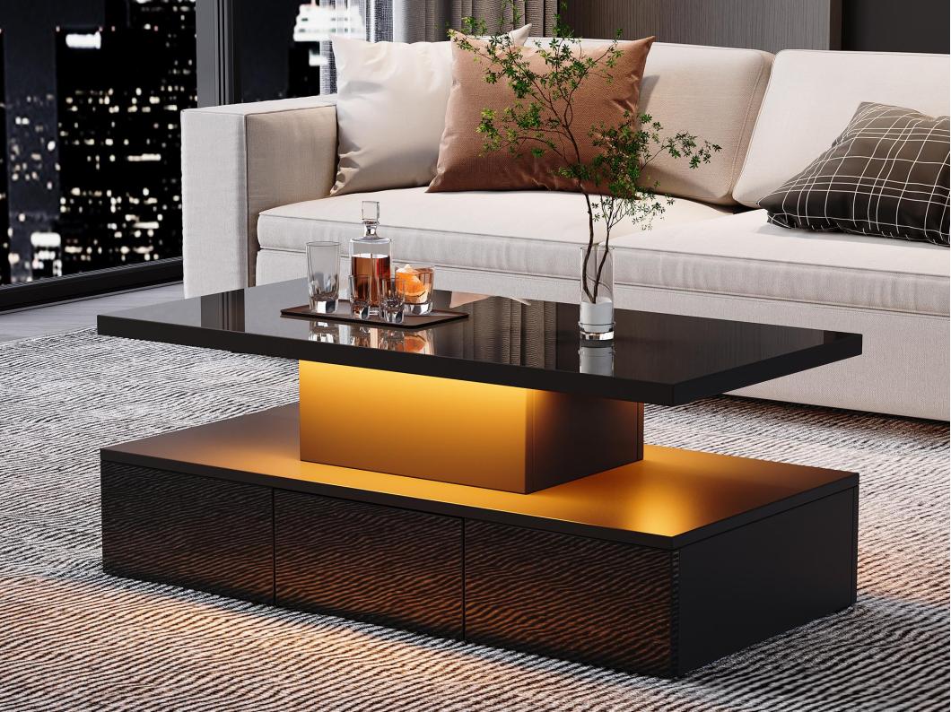 Mesa de centro 100x50x39 cm - com iluminação LED - com prateleira aberta - com 1 gaveta deslizante - preto