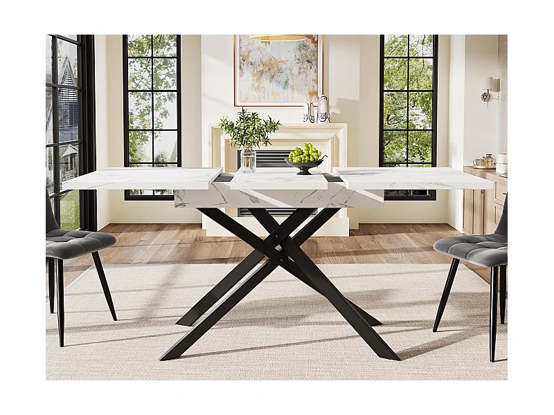 Ausziehbarer Esstisch 120-160x80x76.5cm - Für 6-8 Personen - Aus MDF - Weiß und Schwarz