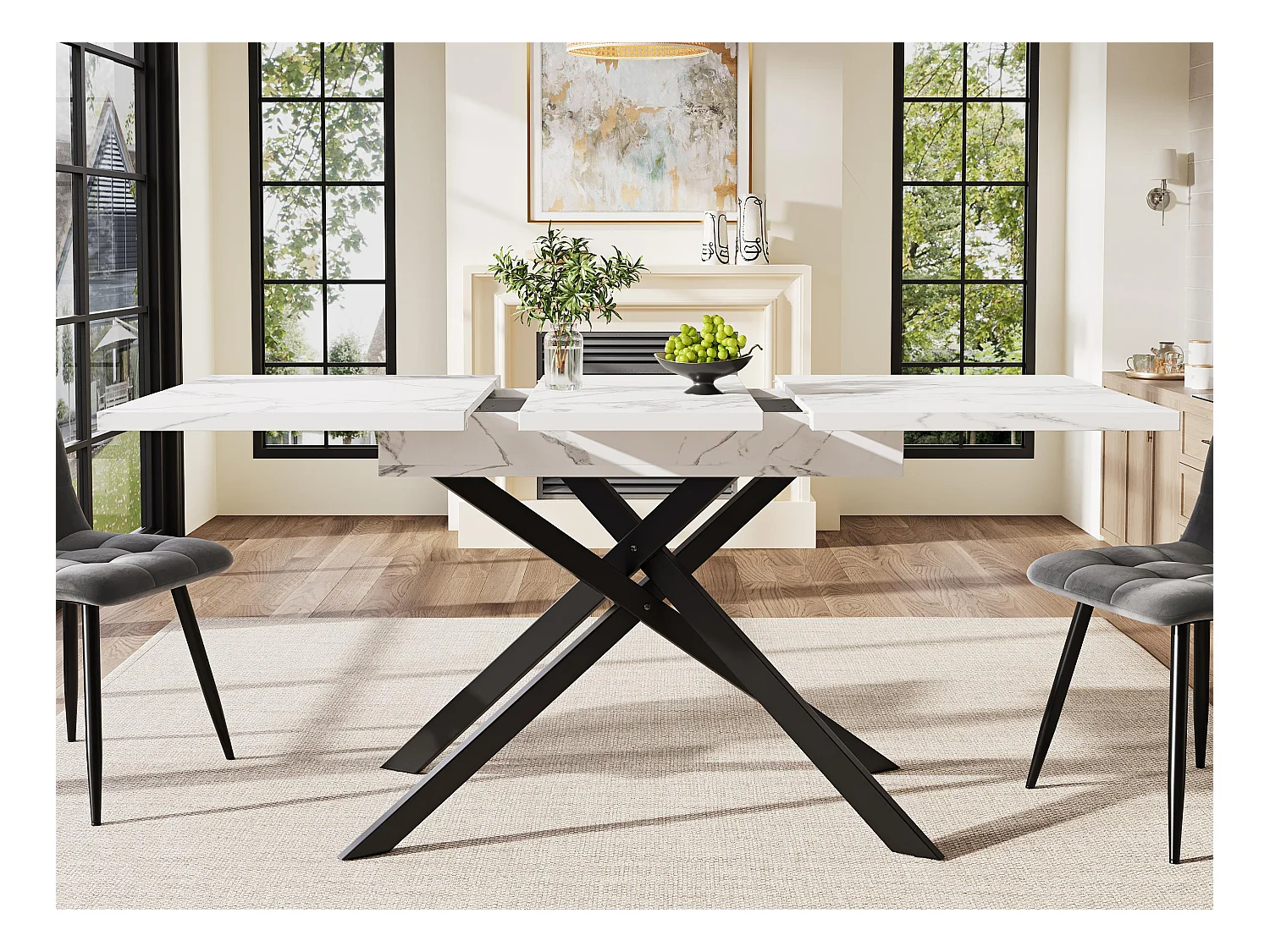 Table à manger extensible 120-160x80x76.5cm - 6 à 8 personnes - en MDF - Noir+Blanc