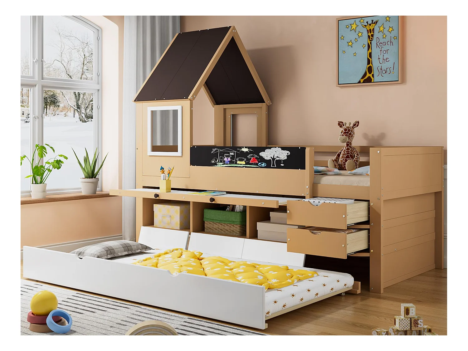 Stapelbed 90 x 200 cm - Met opbergbed 90x190 cm - Met 2 lades - Met uitschuifbare tafel - Massief hout - Wit + Natuur (zonder matras)