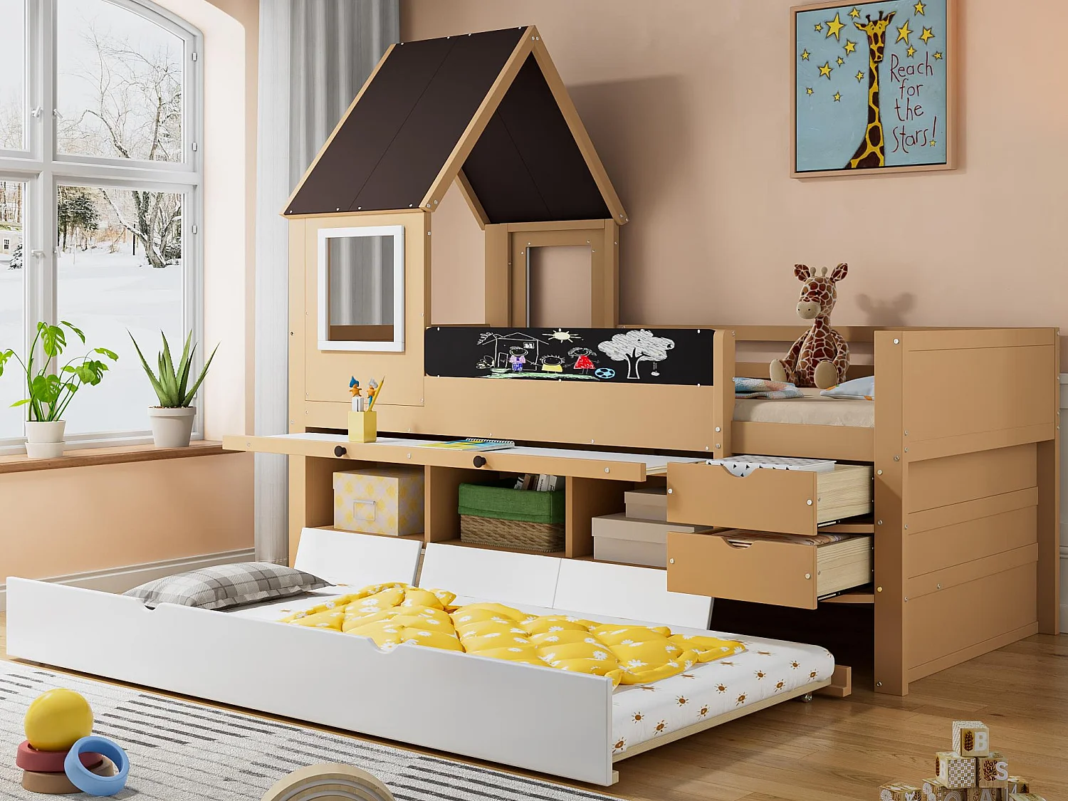 Łóżko piętrowe 90 x 200 cm - Z łóżkiem schowkowym 90x190 cm - Z 2 szufladami - Z wysuwanym stolikiem - Drewno lite - Biały + Naturalny (bez materaca)