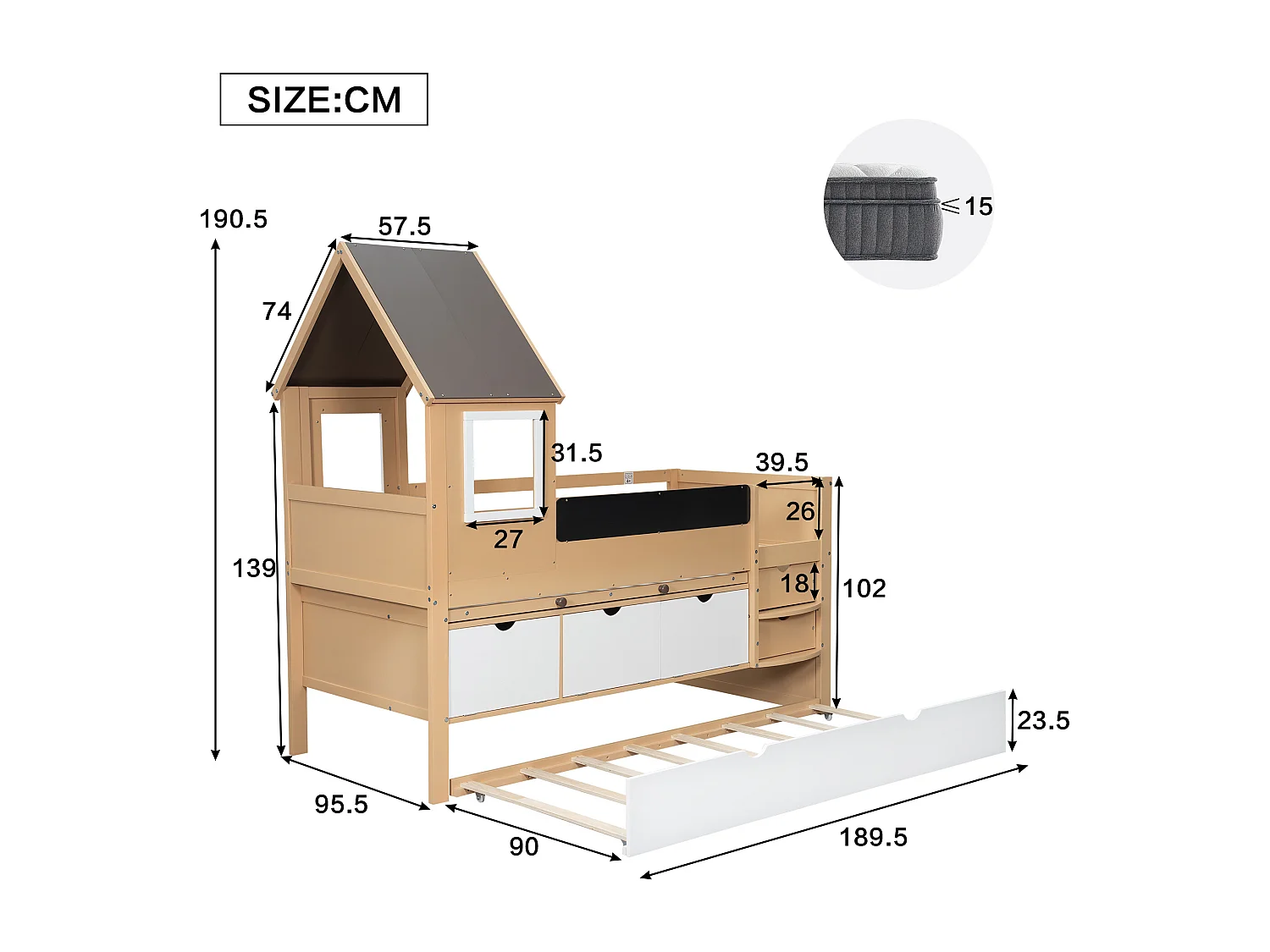 Łóżko piętrowe 90 x 200 cm - Z łóżkiem schowkowym 90x190 cm - Z 2 szufladami - Z wysuwanym stolikiem - Drewno lite - Biały + Naturalny (bez materaca)