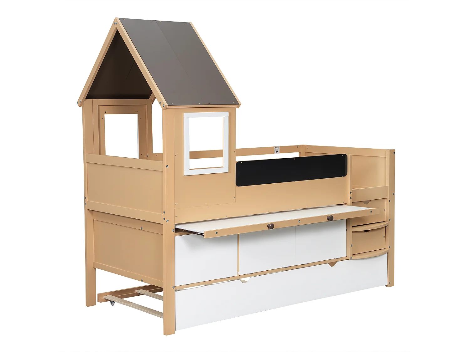 Łóżko piętrowe 90 x 200 cm - Z łóżkiem schowkowym 90x190 cm - Z 2 szufladami - Z wysuwanym stolikiem - Drewno lite - Biały + Naturalny (bez materaca)