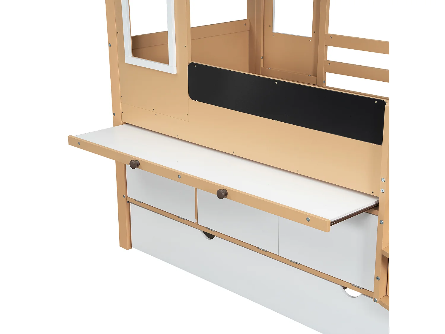 Łóżko piętrowe 90 x 200 cm - Z łóżkiem schowkowym 90x190 cm - Z 2 szufladami - Z wysuwanym stolikiem - Drewno lite - Biały + Naturalny (bez materaca)