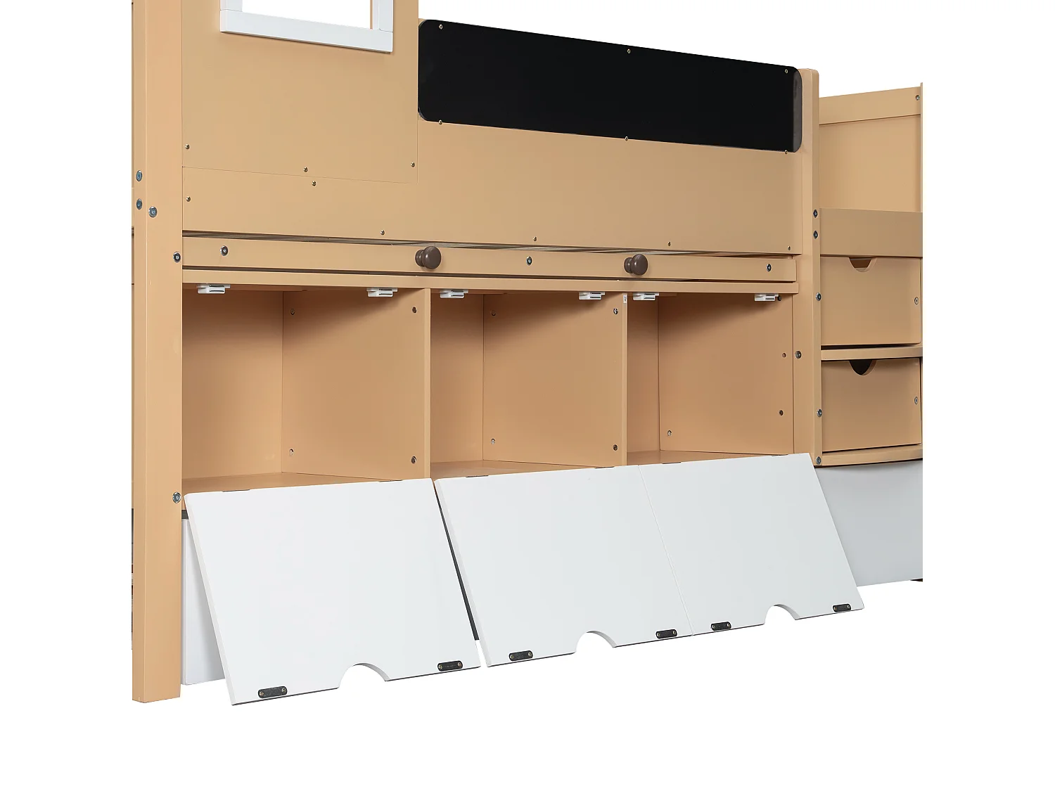 Łóżko piętrowe 90 x 200 cm - Z łóżkiem schowkowym 90x190 cm - Z 2 szufladami - Z wysuwanym stolikiem - Drewno lite - Biały + Naturalny (bez materaca)