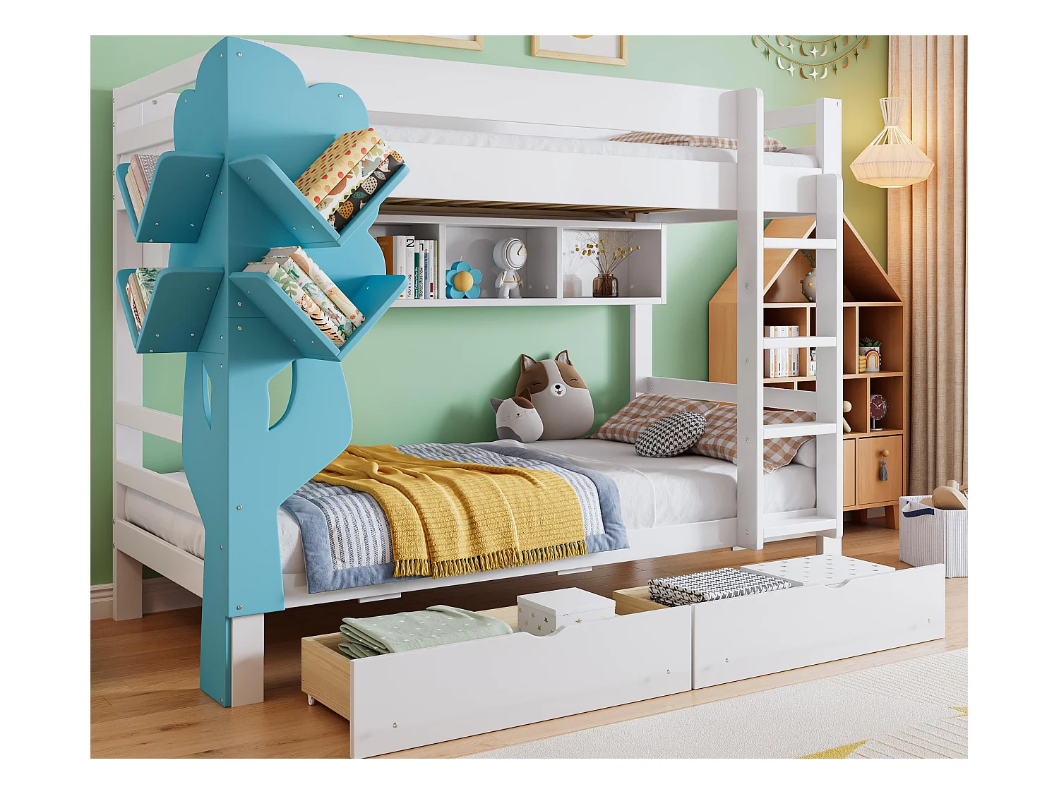 Łóżko piętrowe 90 x 200 cm - Z półką w kształcie drzewa - Z 2 szufladami - Otwarte półki - Drewno lite - Biały + Niebieski (bez materaca)