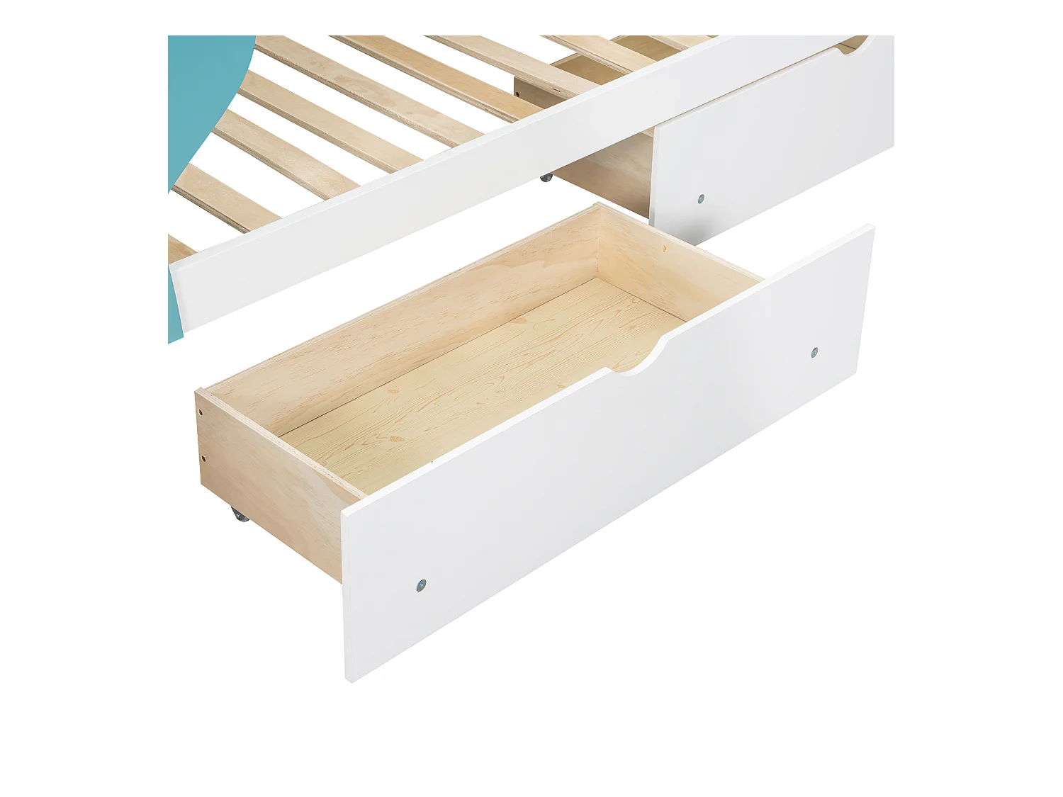 Łóżko piętrowe 90 x 200 cm - Z półką w kształcie drzewa - Z 2 szufladami - Otwarte półki - Drewno lite - Biały + Niebieski (bez materaca)