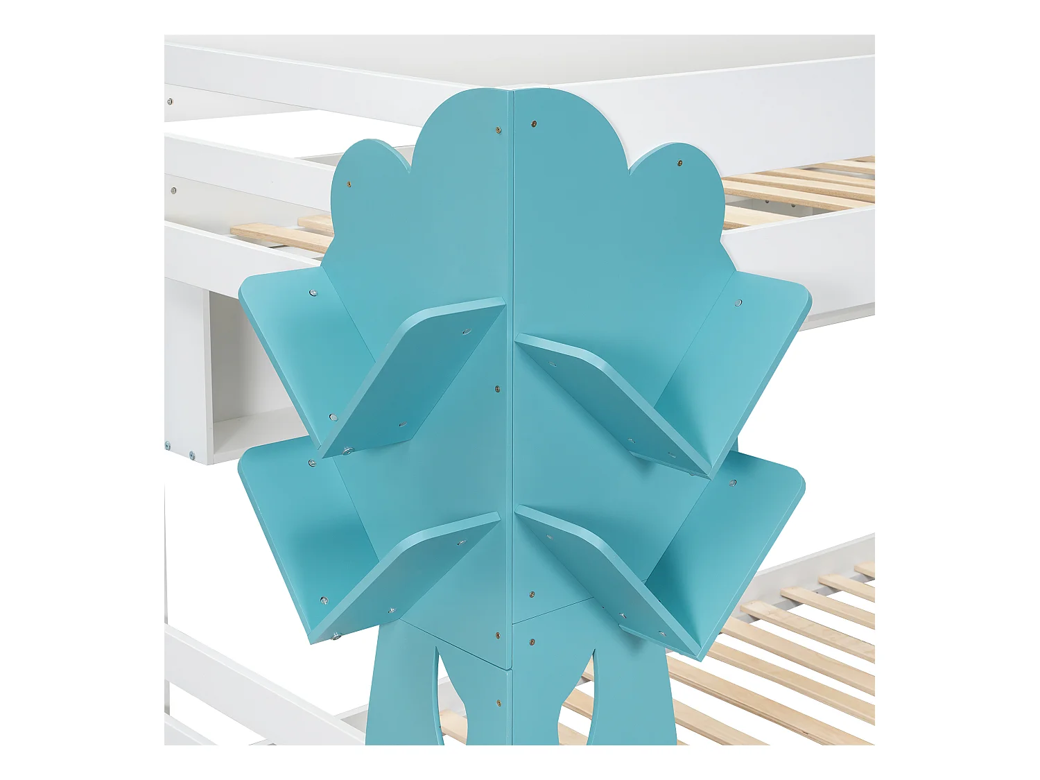 Łóżko piętrowe 90 x 200 cm - Z półką w kształcie drzewa - Z 2 szufladami - Otwarte półki - Drewno lite - Biały + Niebieski (bez materaca)