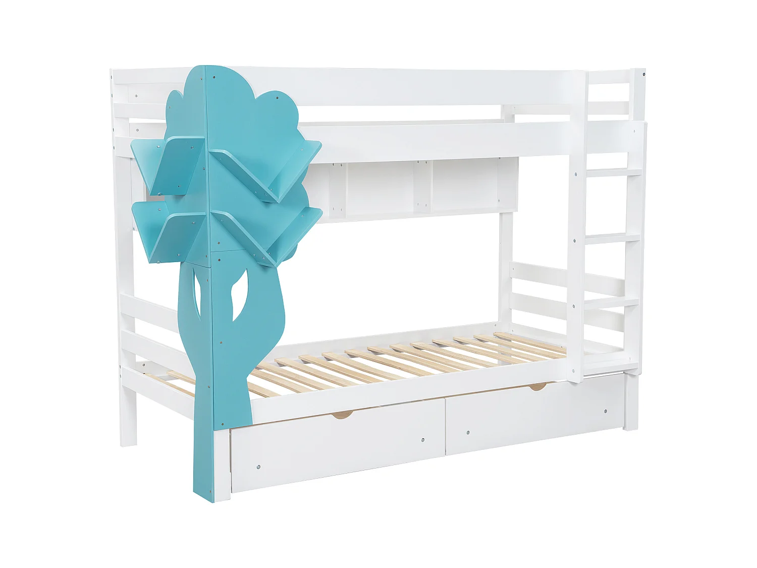 Lit superposé 90 x 200 cm - Avec une étagère en forme d'arbre - Avec 2 tiroirs - Étagères ouvertes - Bois massif - Blanc + Bleu (sans matelas)