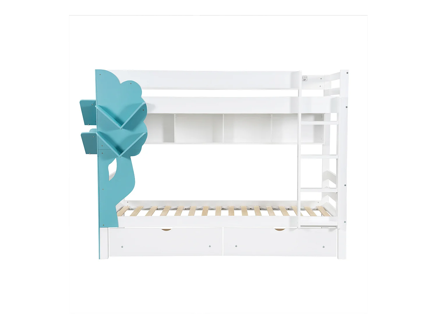 Lit superposé 90 x 200 cm - Avec une étagère en forme d'arbre - Avec 2 tiroirs - Étagères ouvertes - Bois massif - Blanc + Bleu (sans matelas)