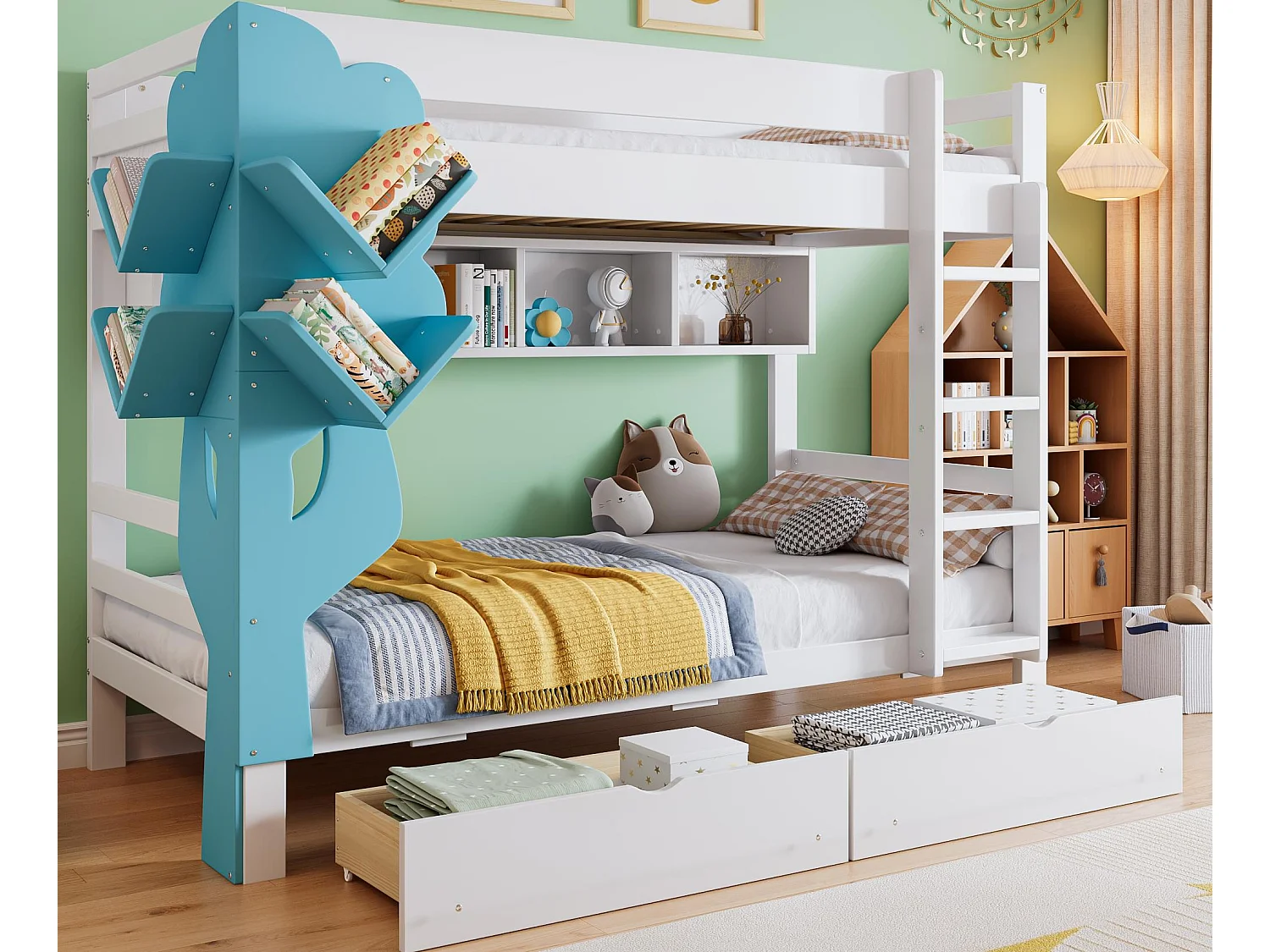 Lit superposé 90 x 200 cm - Avec une étagère en forme d'arbre - Avec 2 tiroirs - Étagères ouvertes - Bois massif - Blanc + Bleu (sans matelas)