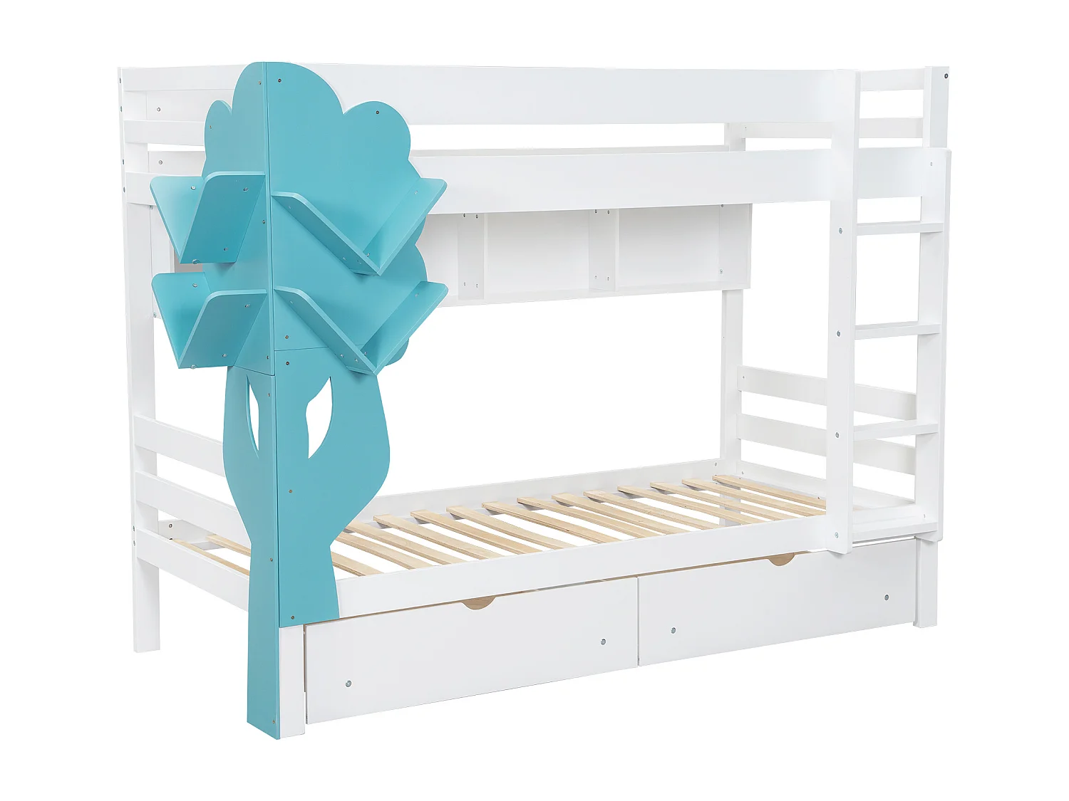 Lit superposé 90 x 200 cm - Avec une étagère en forme d'arbre - Avec 2 tiroirs - Étagères ouvertes - Bois massif - Blanc + Bleu (sans matelas)