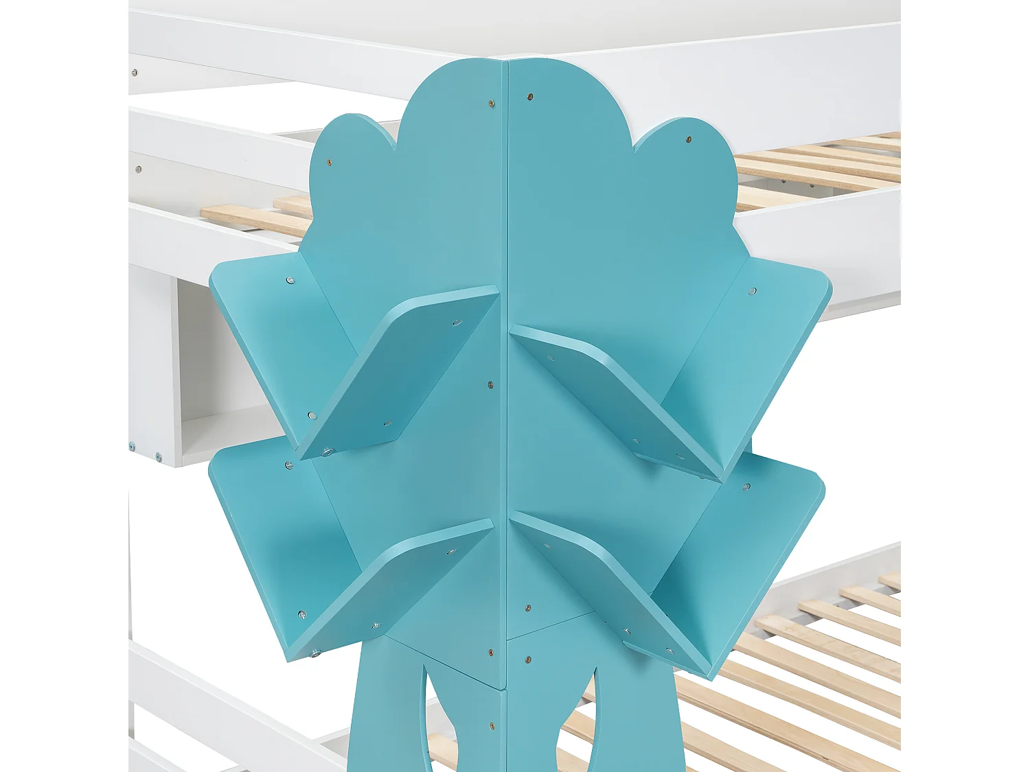 Lit superposé 90 x 200 cm - Avec une étagère en forme d'arbre - Avec 2 tiroirs - Étagères ouvertes - Bois massif - Blanc + Bleu (sans matelas)