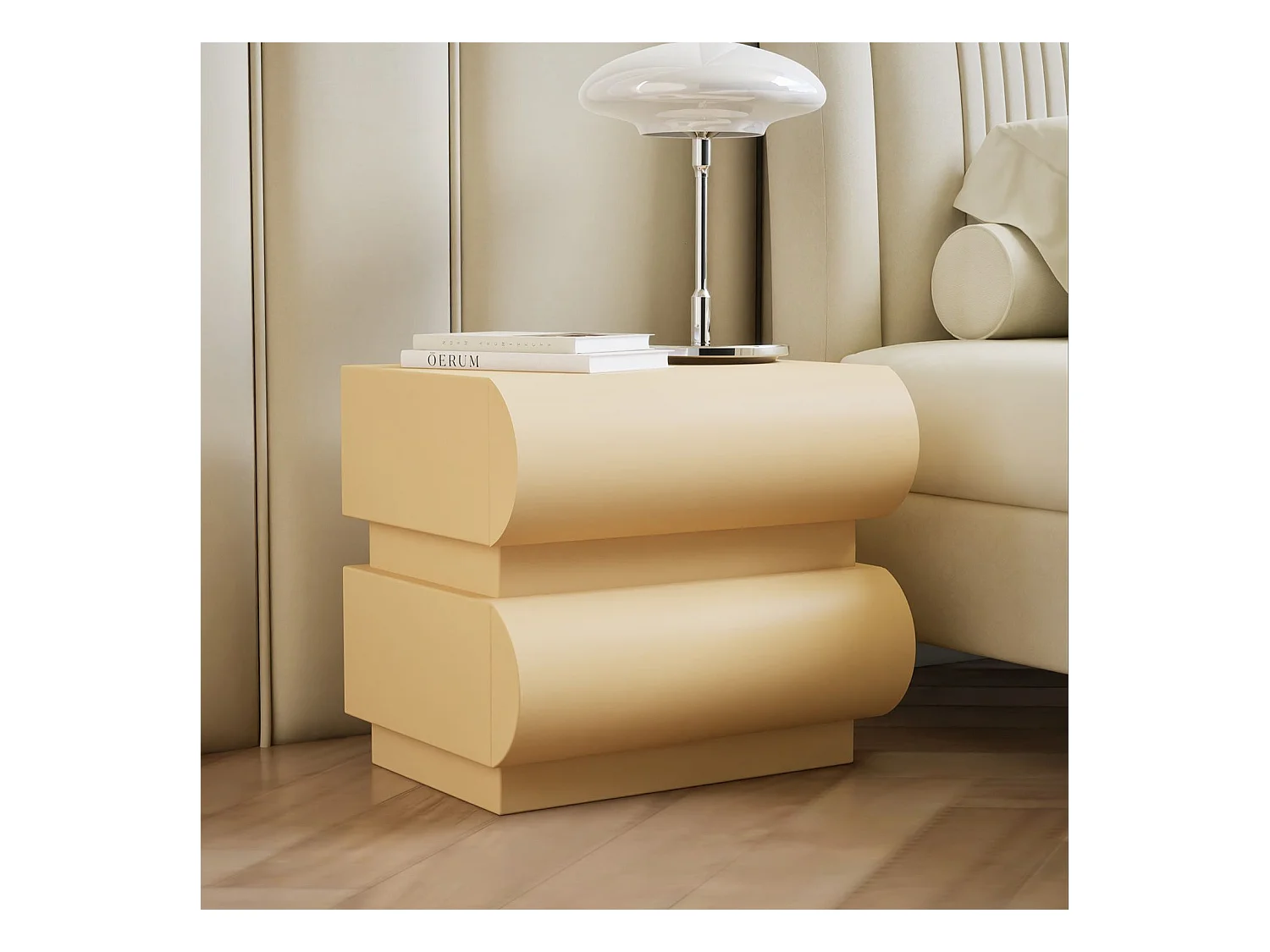 Table de chevet avec 2 tiroirs arrondis L45cm Mezade Beige