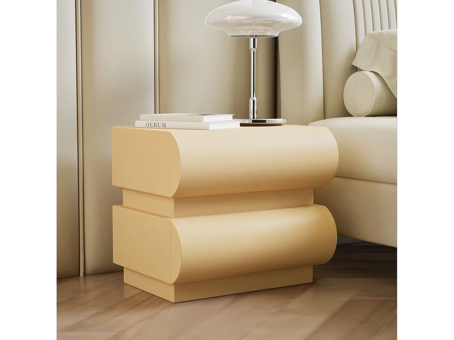 Table de chevet avec 2 tiroirs arrondis L45cm Mezade Beige