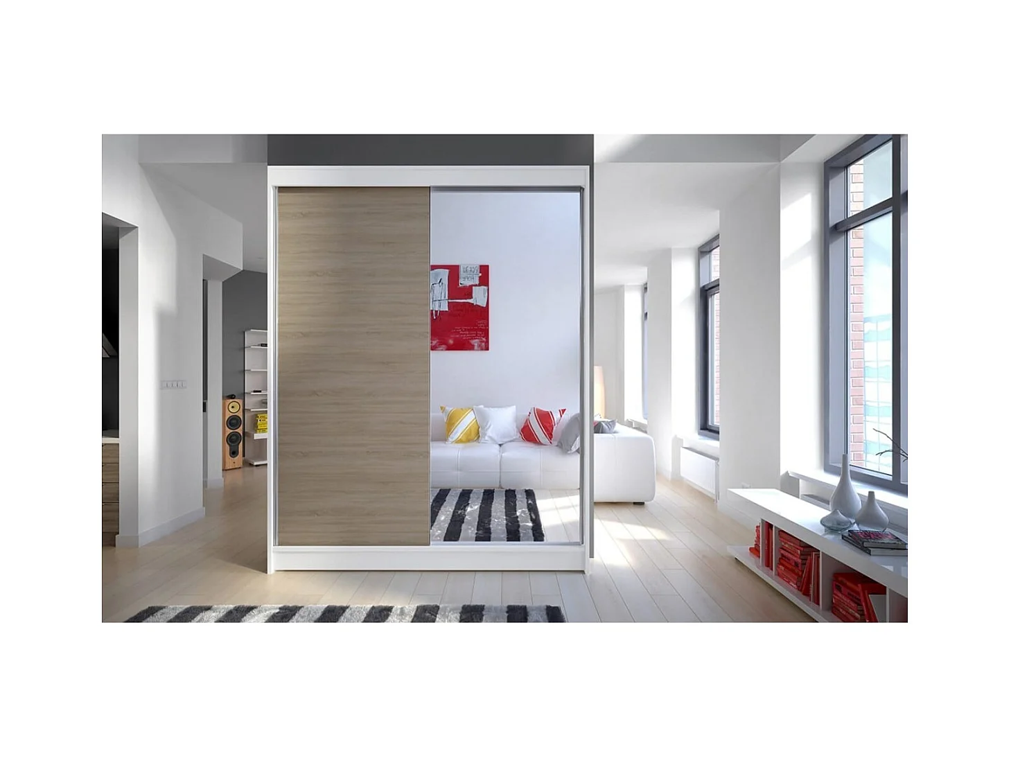 Armadio Jurgen (150cm)/ante scorrevoli/specchio/LED/Bianco&Sonoma