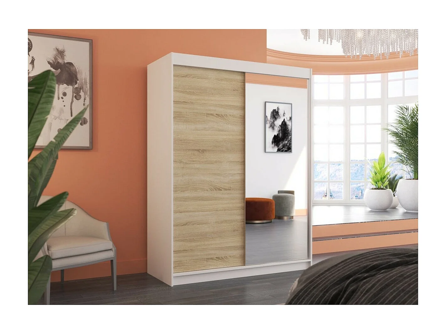 Armoire Jurgen (150cm)/portes coulissantes/miroir/LED/Blanc&Sonoma