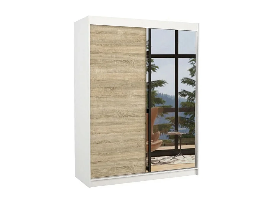 Armoire Jurgen (150cm)/portes coulissantes/miroir/LED/Blanc&Sonoma