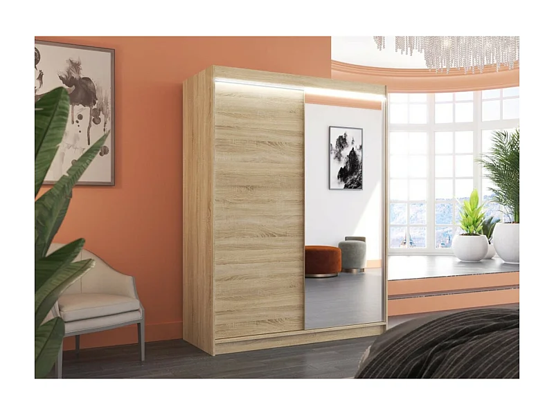 Kleiderschrank Jurgen (150cm)/Schiebetüren/Spiegel/LED/Sonoma