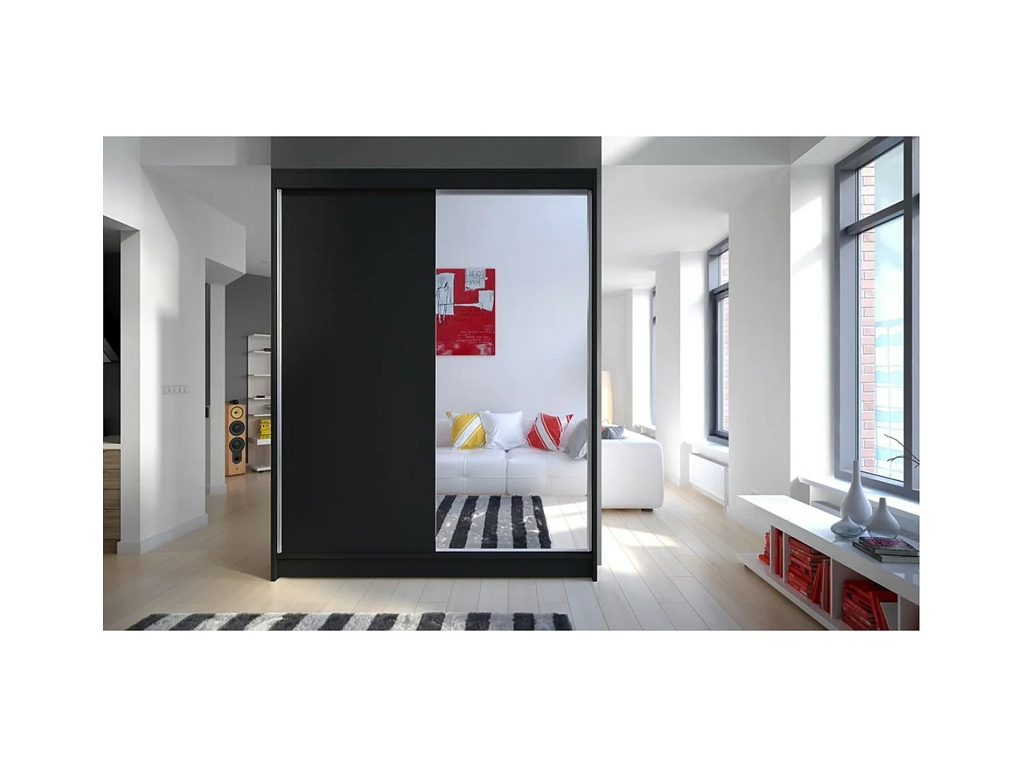 Kleiderschrank Jurgen (150cm)/Schiebetüren/Spiegel/LED/Schwarz