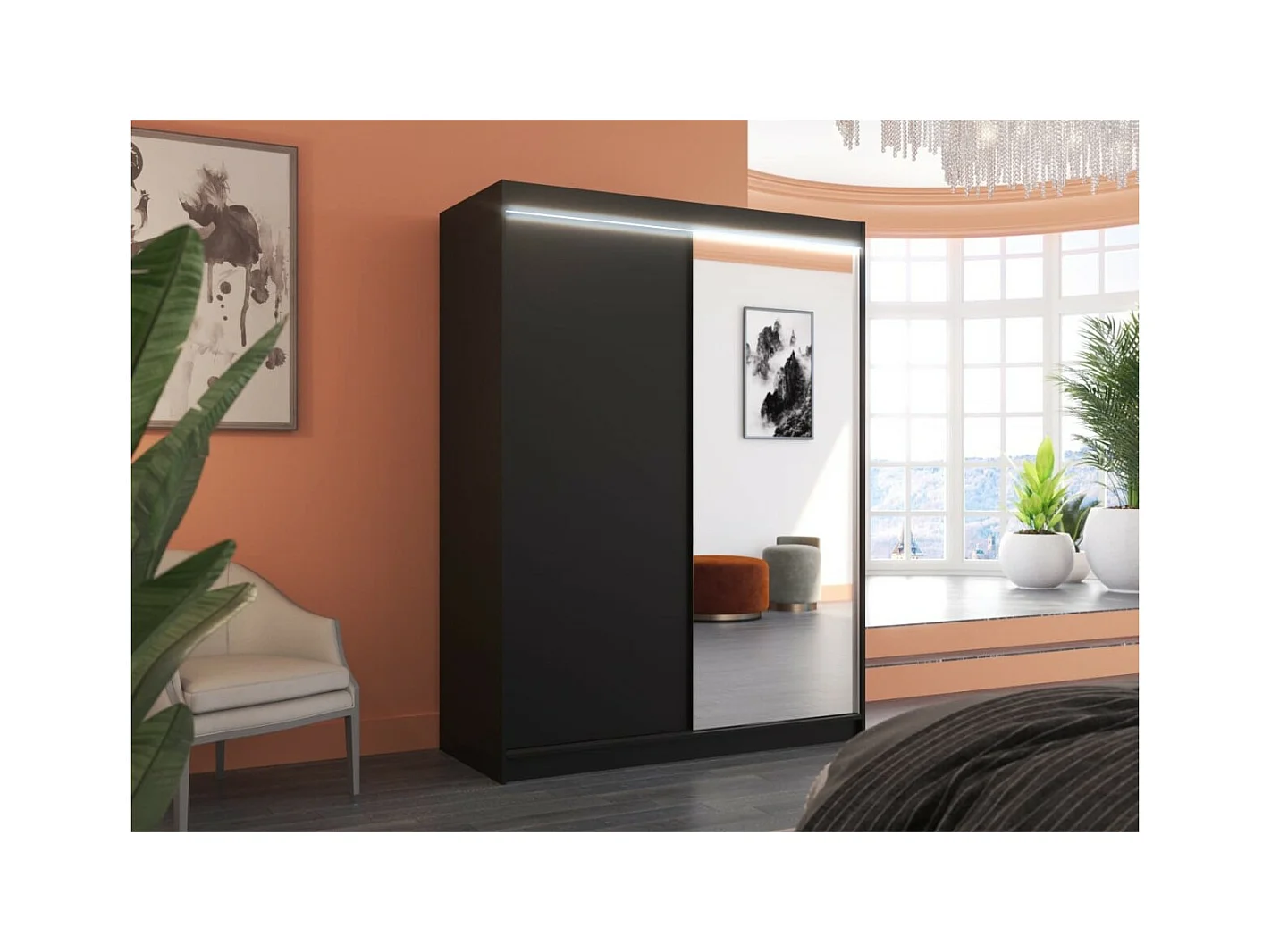 Kleiderschrank Jurgen (150cm)/Schiebetüren/Spiegel/LED/Schwarz