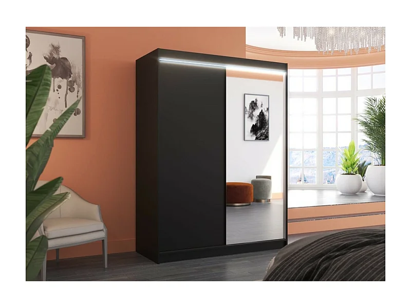 Kleiderschrank Jurgen (150cm)/Schiebetüren/Spiegel/LED/Schwarz